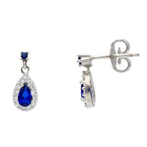 Orecchini in Oro Bianco 18 kt con Zircone Blu a Goccia Pendente e Zirconi Bianchi