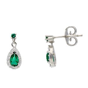 Orecchini in Oro Bianco 18 kt con Zircone Verde a Goccia Pendente e Zirconi Bianchi