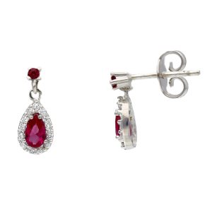 Orecchini in Oro Bianco 18 kt con Zircone Magenta a Goccia Pendente e Zirconi Bianchi