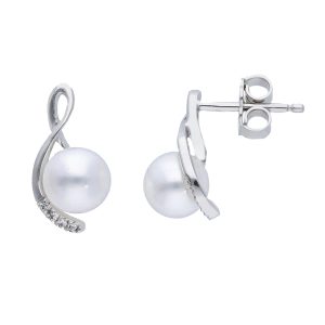 Orecchini a Lobo in Oro Bianco 18kt con Perle Freshwater e Diamanti Naturali ct 0.030