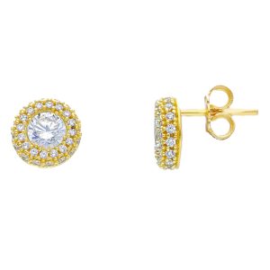 Orecchini in Oro Giallo 18 kt con Zircone Bianco e Giro di Zirconi Bianchi